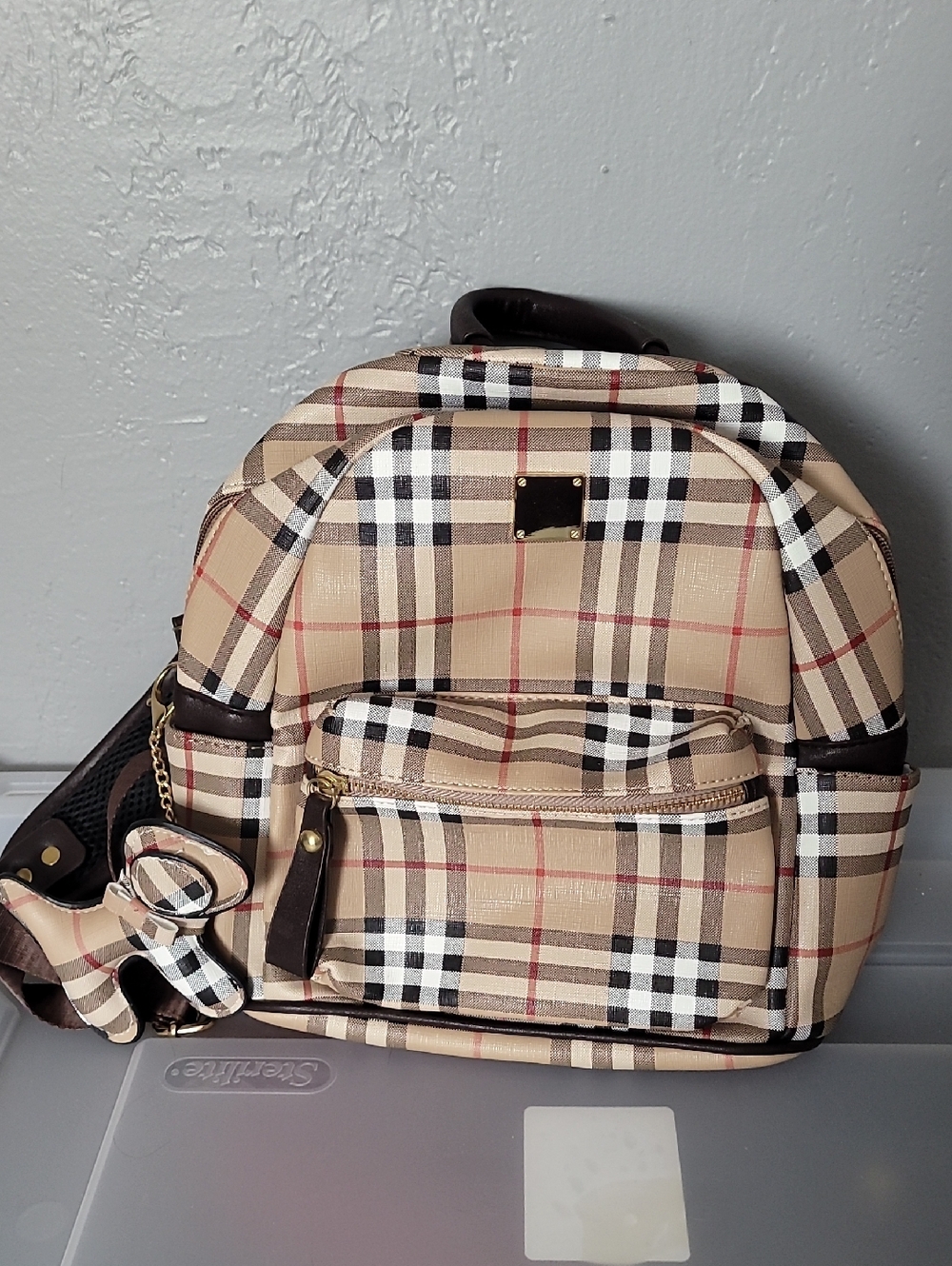 Plaid Mini Backpack in Beige and Black